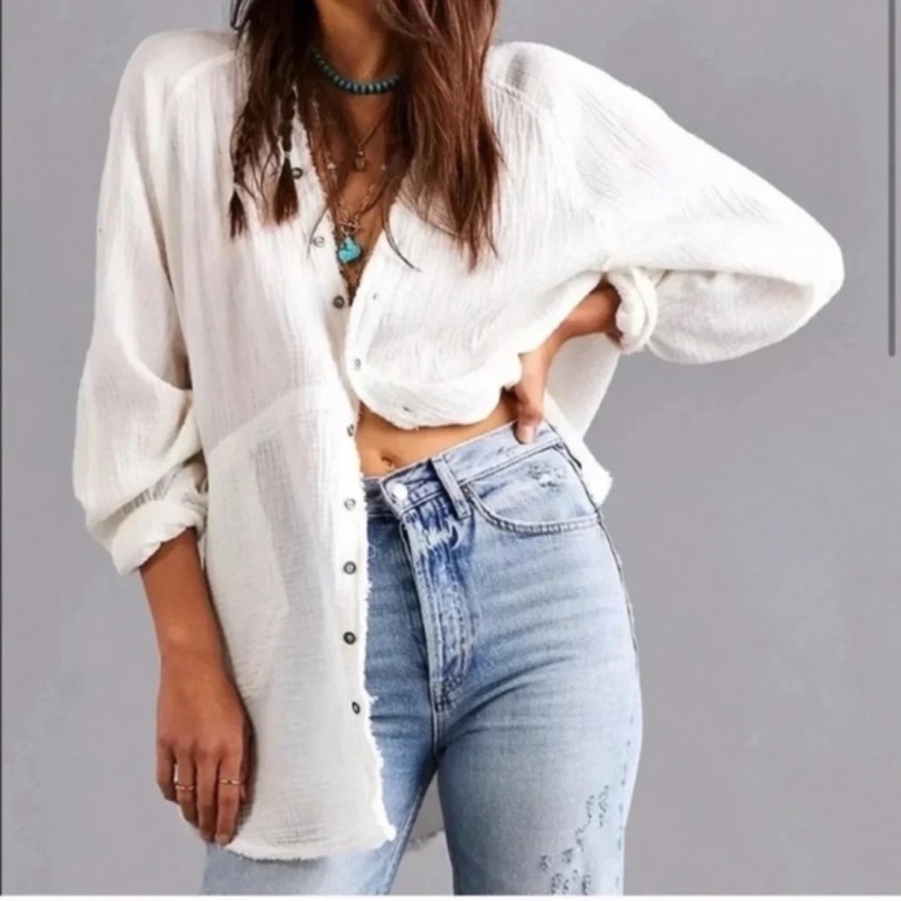 Free People We The Free Summer Daydream Buttondown Gauze XS Ivory Boho Casual - Picture 2 of 12